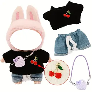 Obleček pro Labubu – černý svetr, kabelka a modré kalhoty