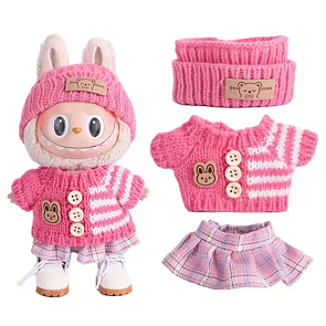 Obleček pro Labubu – růžový svetr, čelenka a sukně