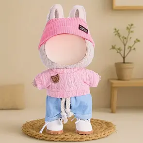 Obleček pro Labubu – růžový svetr, čelenka a modré kalhoty