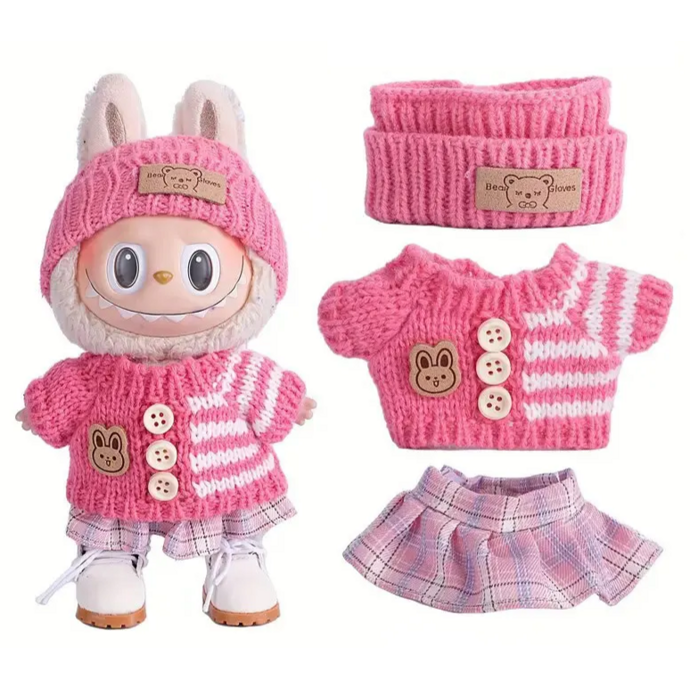 Obleček pro Labubu – růžový svetr, čelenka a sukně