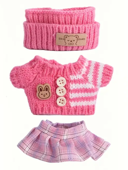 Obleček pro Labubu – růžový svetr, čelenka a sukně