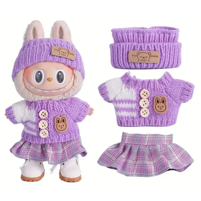 Obleček pro Labubu – fialový svetr, čelenka a sukně