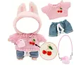 Obleček pro Labubu – růžový svetr, kabelka a modré kalhoty